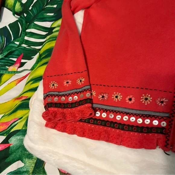 Icelandic Design M Coral Pink Red Floral Embroidered Sequin Full Zip Cardigan - Picture 12 of 13